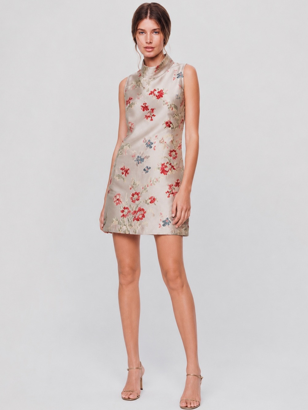 Sleeveless Floral Jacquard Mini Dress in Champagne